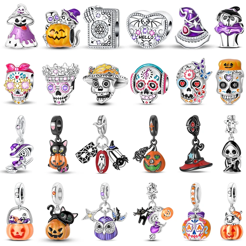 

New 925 Sterling Silver Luminous Halloween Skull Witch Pumpkin Candy Charms Beads Fit 3mm Original Bracelets Party Jewelry