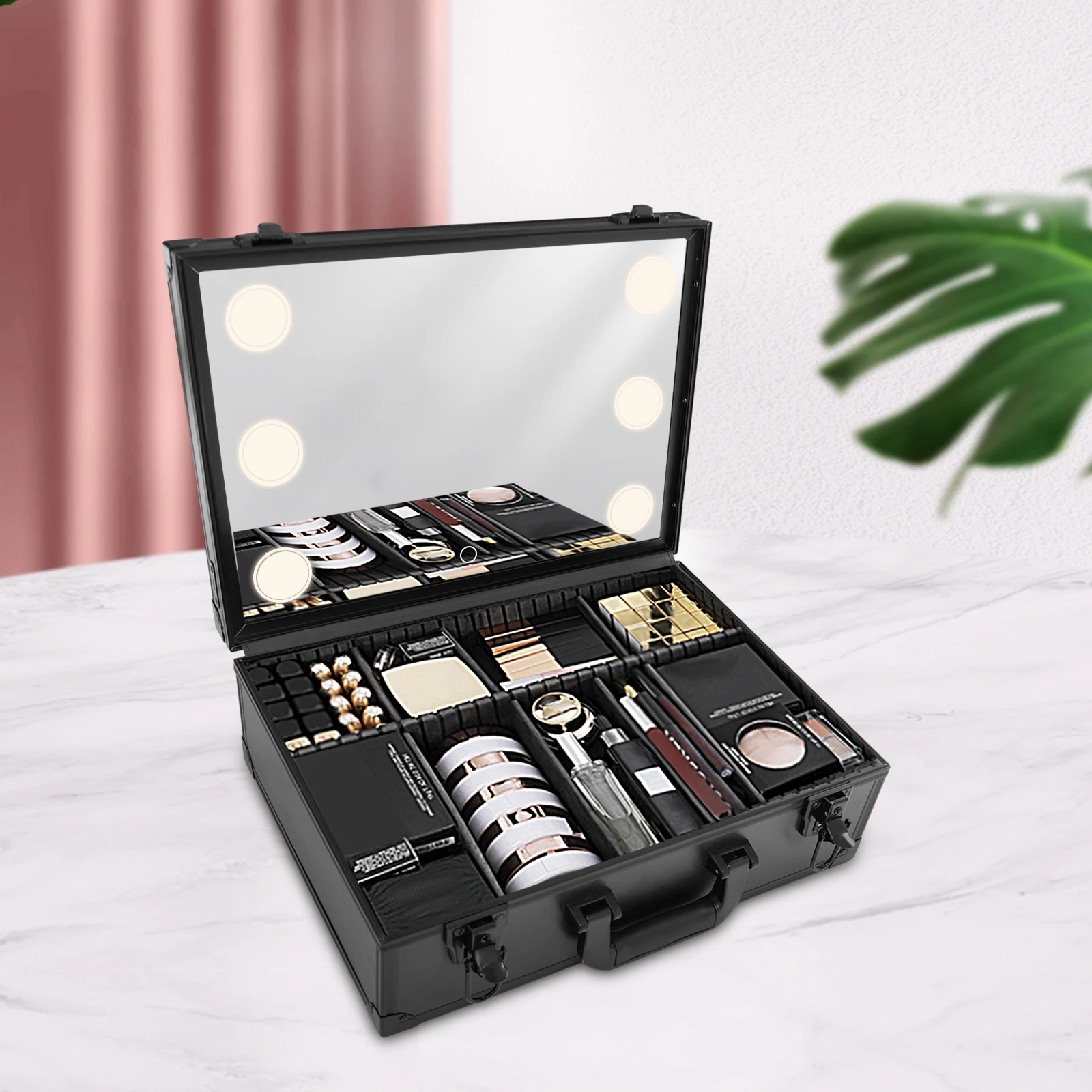 

Portable Makeup Train Case Cosmetic Organizer Box Jewelry Storage Kit with 6 LED Light and Mirror with Customized Dividers