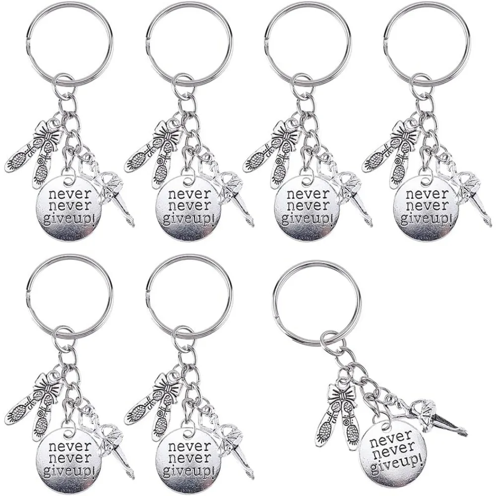 

1 Box 20Pcs Never Give Up Keychain Bulk Ballet Keychain Pack Antique Silver Alloy Inspiration Word Dance Key Chains for Party