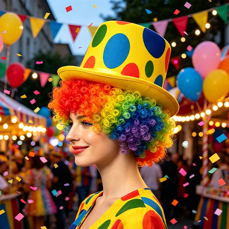 Rainbow Curly Clown Wig With Polka‑Dot Top Hat Synthetic Hair Halloween Carnival Cosplay Costume Party Wigs for Kids Adults