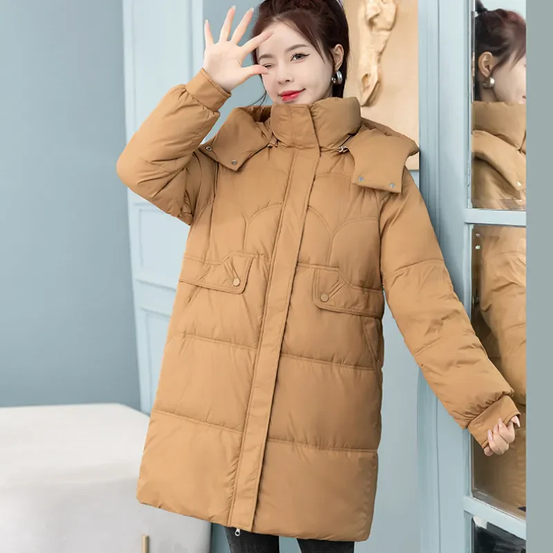 2024 winter new hat removable down cotton jacket long thick version loose cotton-padded coat woman casual hooded jacket