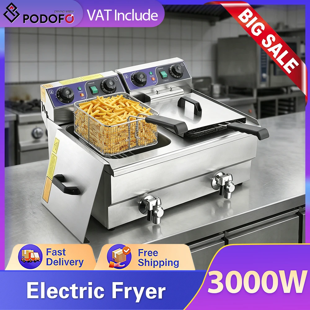 Freidora Eléctrica Comercial Podofo de 12L, 3000W, de Acero Inoxidable, con Doble Tanque y Filtración de Aceite