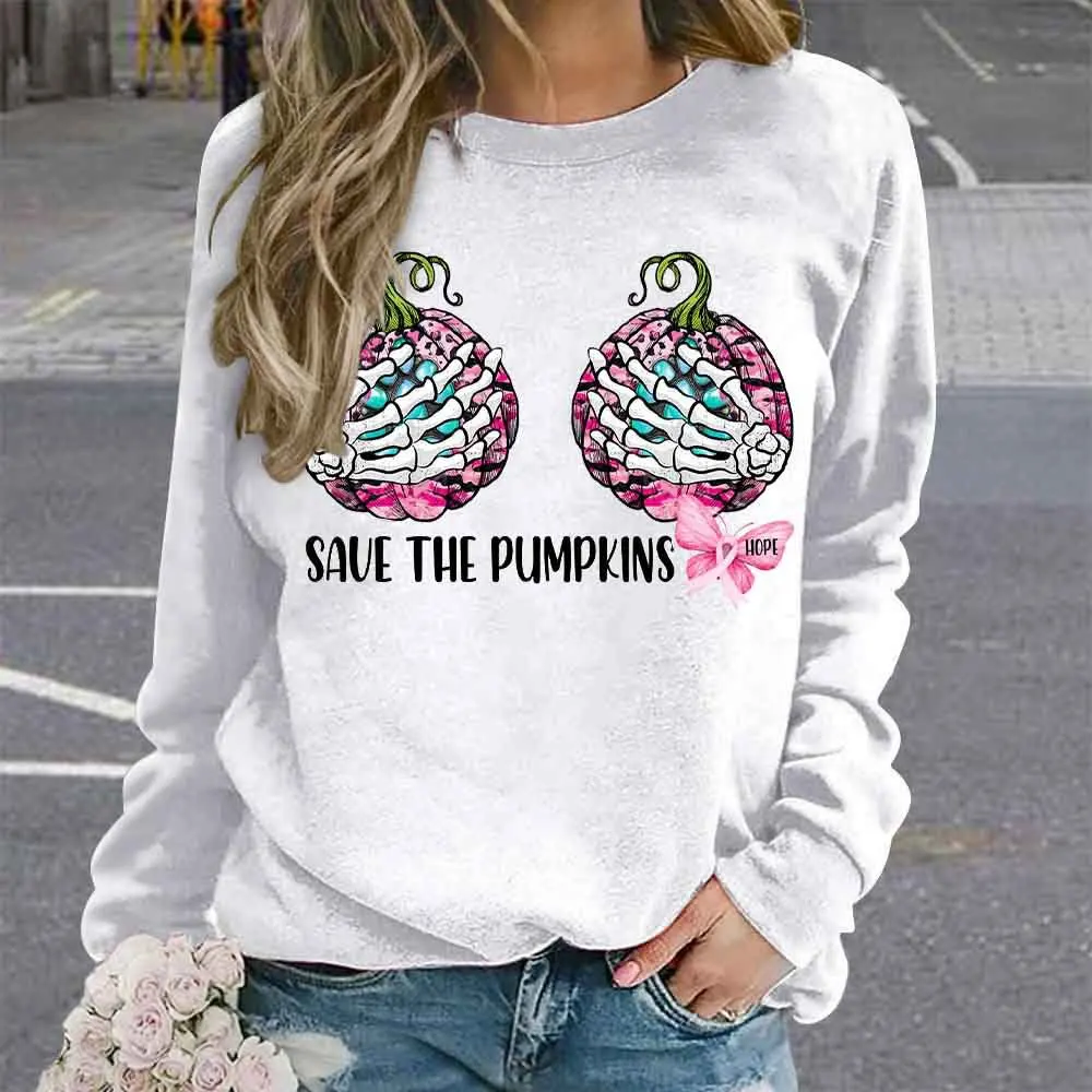 2024 New Autumn/Winter Halloween Save The Pumpkins Women's T-shirt European and American Pink Ribbon Theme Long Sleeve Hoodie