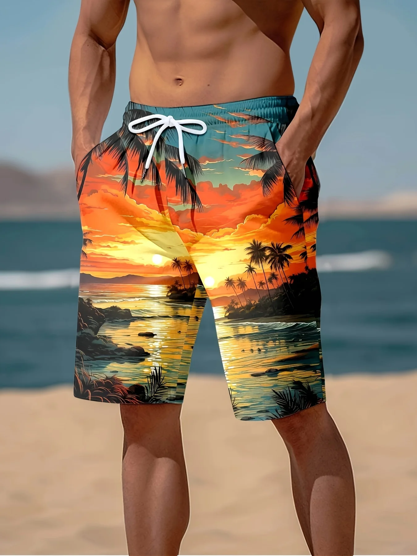 

Men's Hawaiian-Style Swim Trunks Ombré Palm Tree Print Beach Shorts Quick-Dry Outdoor Casual Sports Shorts Stylish Men's Shorts