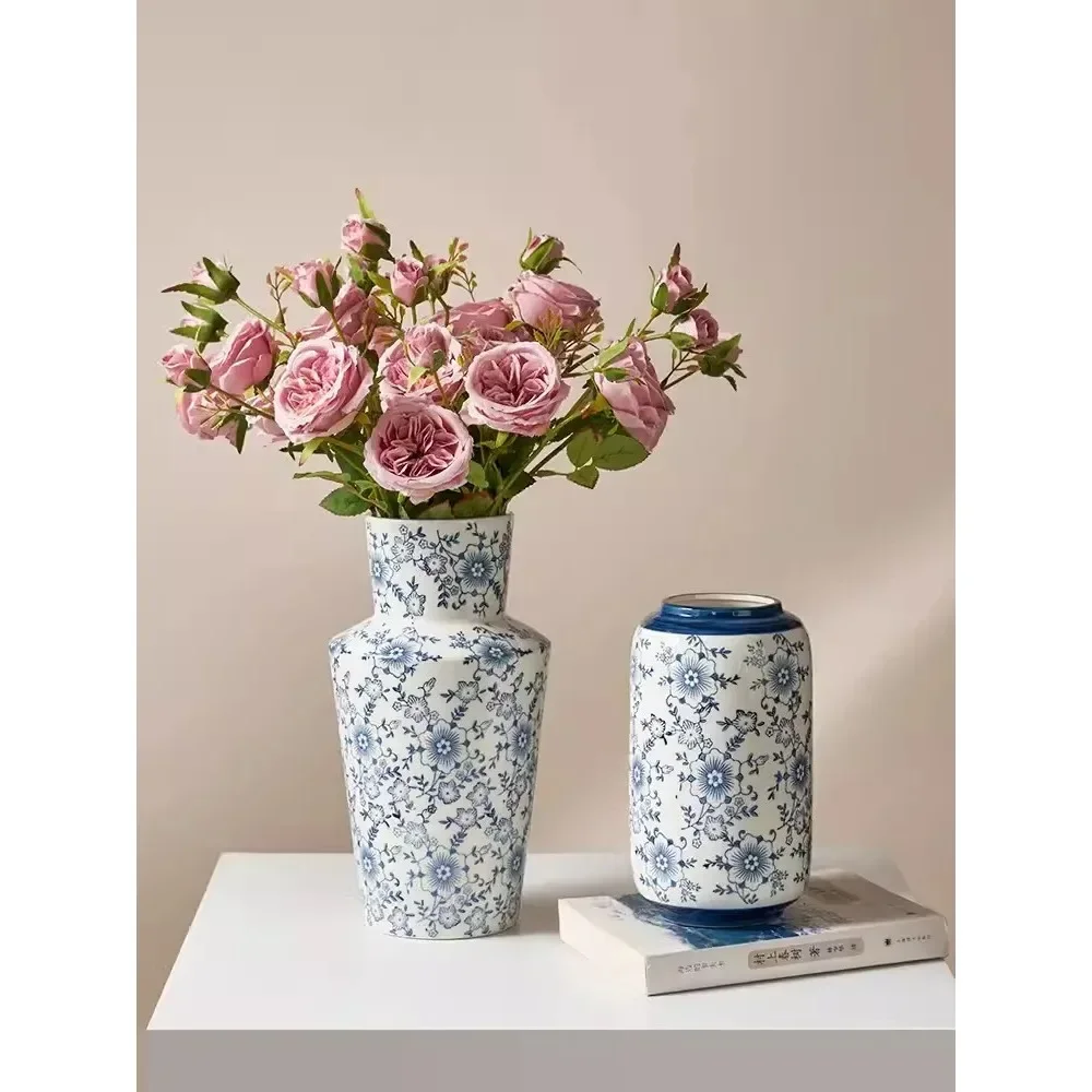 Chinese Style Ceramic Vases, Blue and White Porcelain Living Room, Retro Water Raised Flowers Home Decoration Accessories