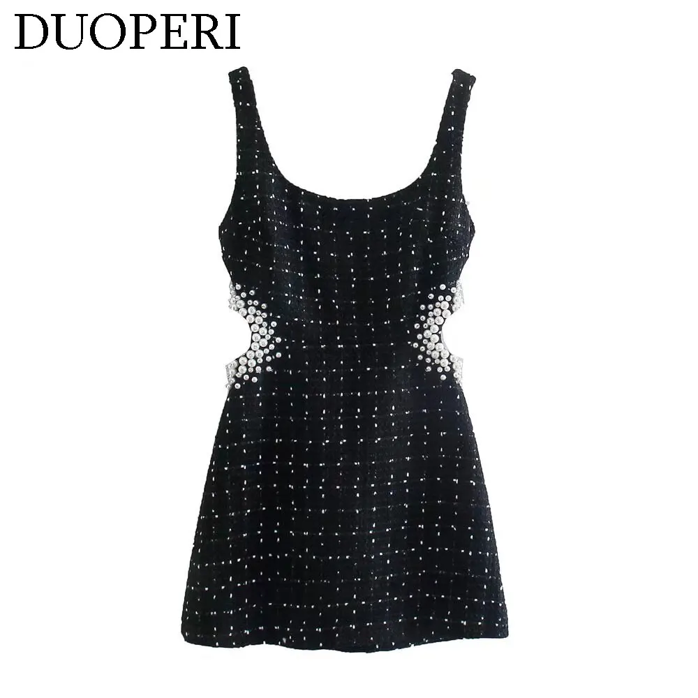 DUOPERI Women Fashion Textured Mini Camisole Dress Round Neck Sleeveless Faux Pearls Female Chic Lady Casual Short Dress