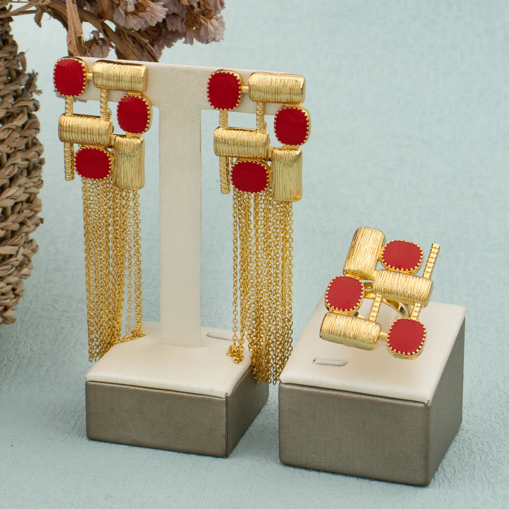 Italian 18k Gold Plated Earrings and Ring Set Red Zircon Luxury Dubai Rectangle Jewelry Set for Women Weekend Party Wedding Gift