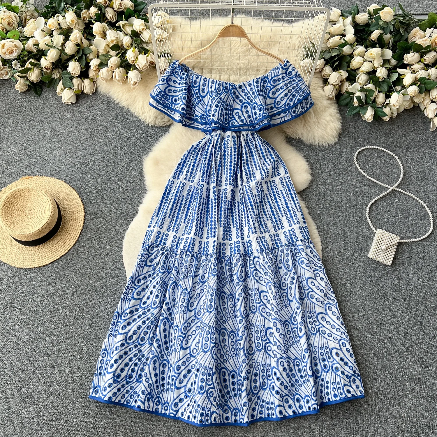 エレガントなオフショルダー、透かし彫り刺繍ドレス、レディーススリムハイウエストホリデースカート、Aラインロングドレス、春夏