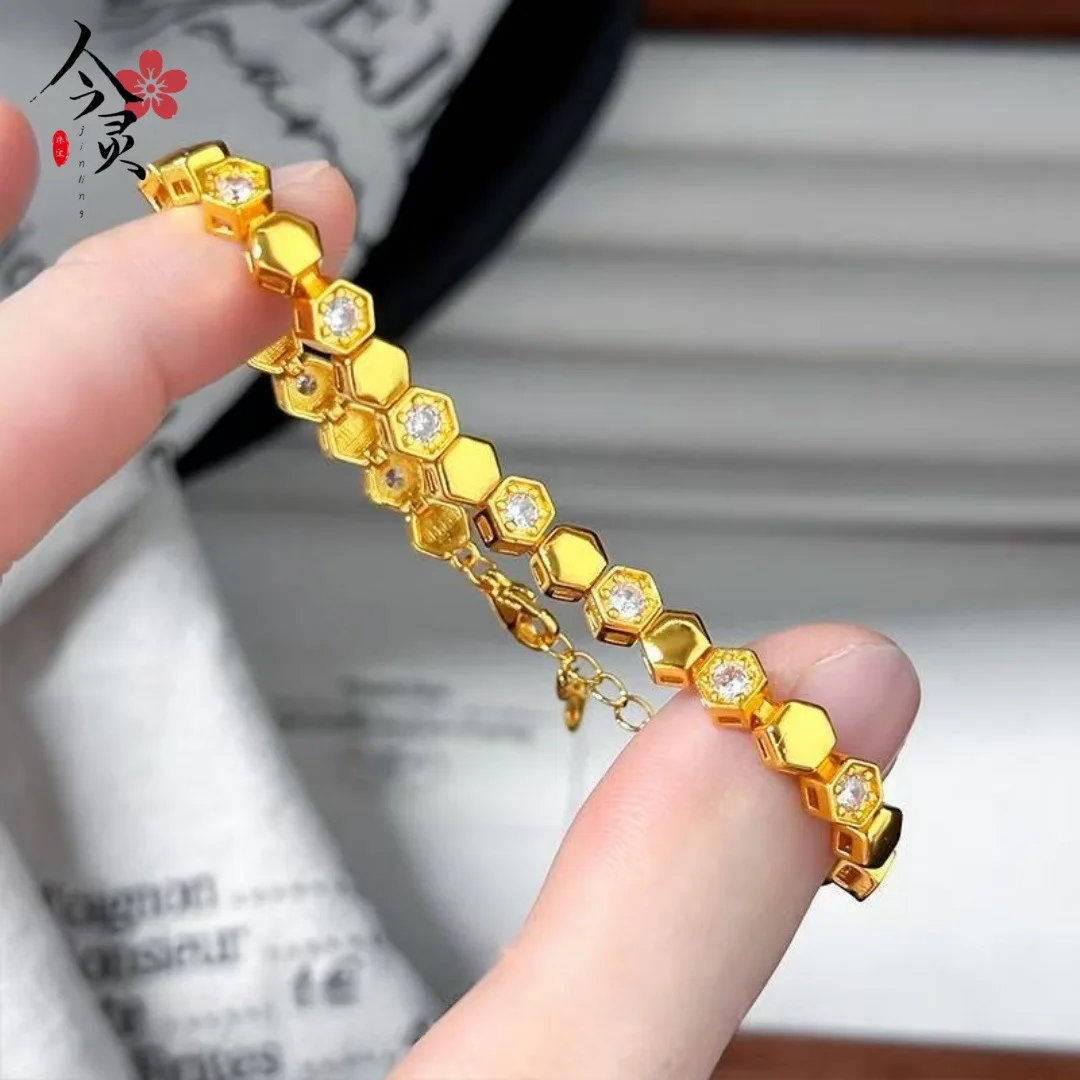 

Honeycomb Moissanite Bracelet Women 24K Gold AU999 - Gold enhances honeycomb, moissanite adds sparkle, tasteful wrist accent