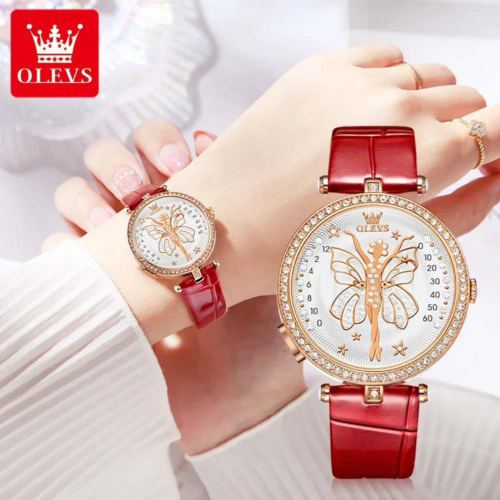 

OLEVS 5576 Waterproof Quartz Watch For Women, Trendy Butterfly Wings Fashion Genuine Leather Strap Women Wristwatches