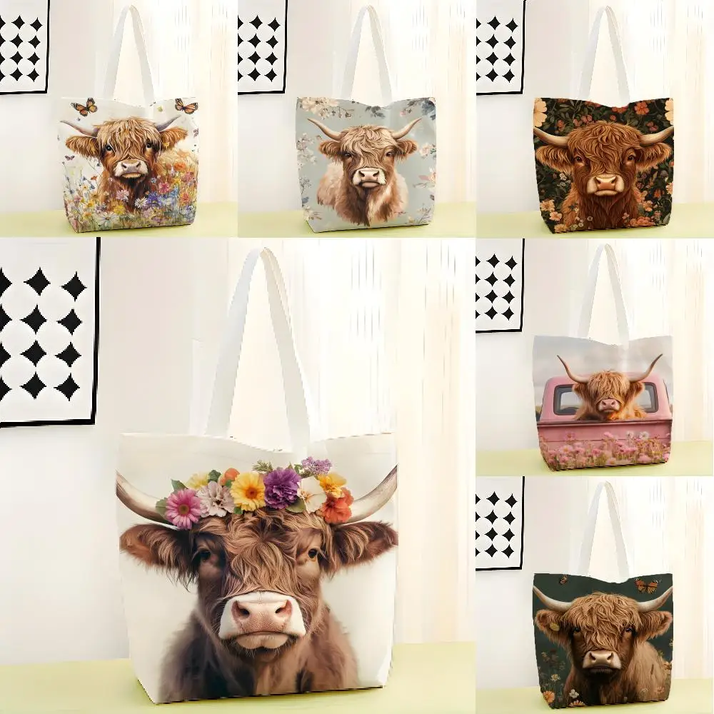 Mountain cattle Storage Bags Canvas Double-Sided Print Tote Bag Large Capacity Shoulder Fashion Shopping Handbag