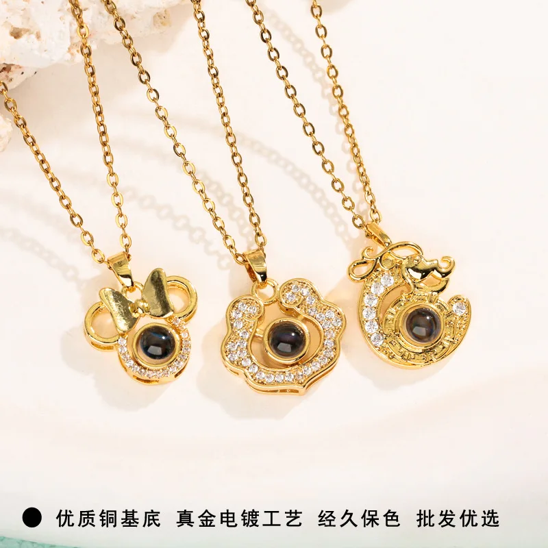 Fashion Temperament Necklace with Women's Geometric Pendant in 100 Languages. I Love You. Projection Collarbone Chain