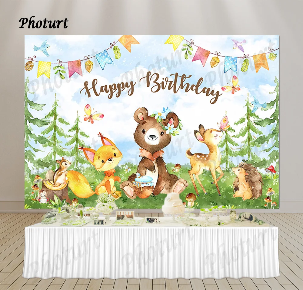 

PHOTURT Wild One Backdrop Birthday Baby Shower Banner Jungle Safari Lion Bear Vinyl Background Photography Studios Decor Props