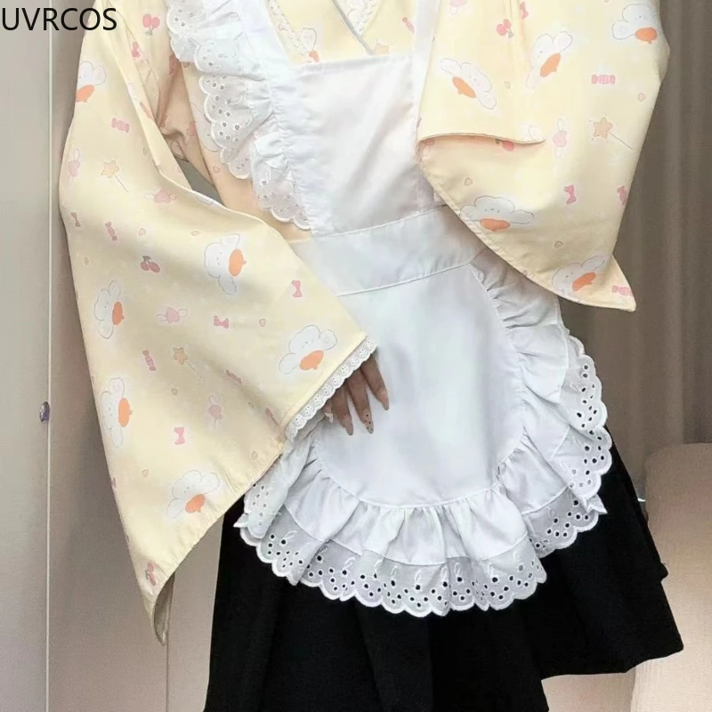 Japanese Kawaii Lolita Kimono Dress Women Sweet Cute Cartoon Print Apron Maid Dresses Sets Female Retro Elegant Cosplay Costumes