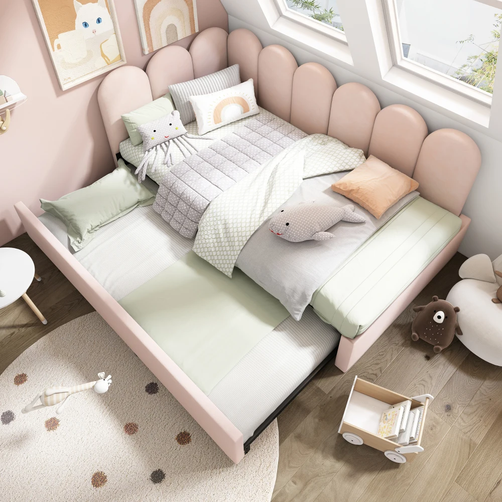 Gepolstertes Bett Tagesbett 90x200cm Tagesbett Schlafsofa mit ausziehbarem Bett 90x190cm Kinderbett mit Gitter rosa ohne Matratze