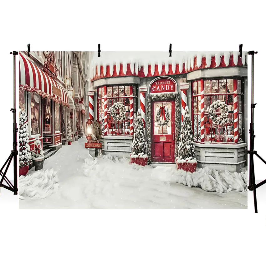 Mehofond Photography Background Christmas Candy Shop Windows Winter Snow Xmas Tree Family Portrait Decor Backdrop Photo Studio