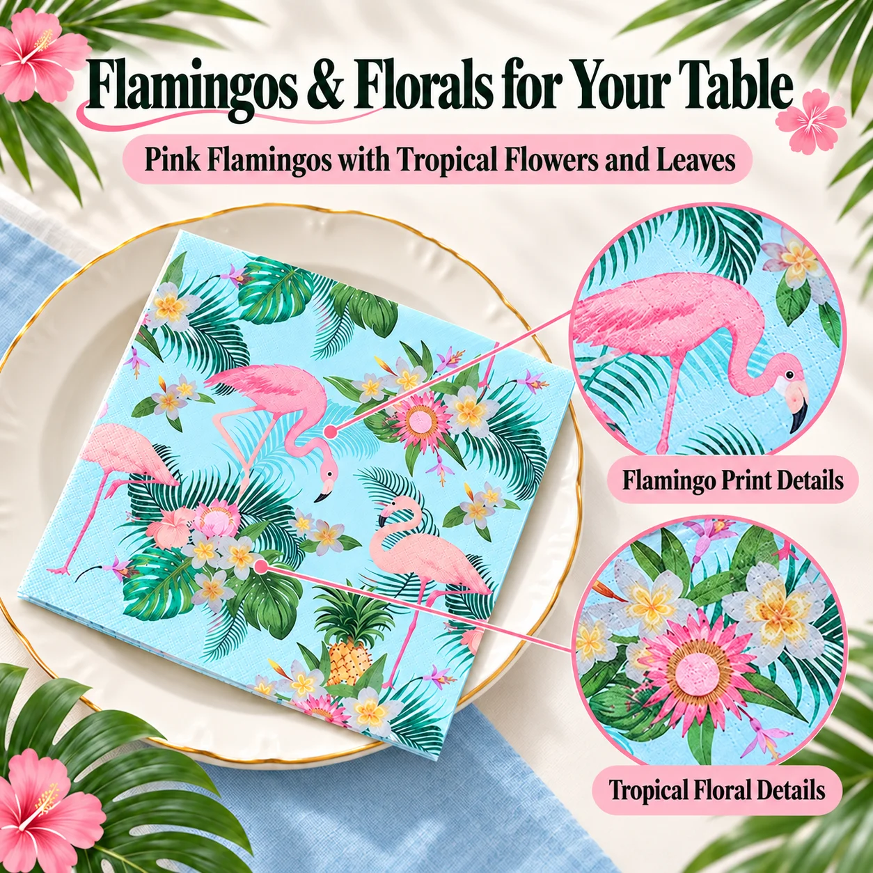 20pcs Flamingo Paper Napkins 2-Ply 33x33cm Light Blue Tropical Floral Serviettes for Summer Party Table Decor