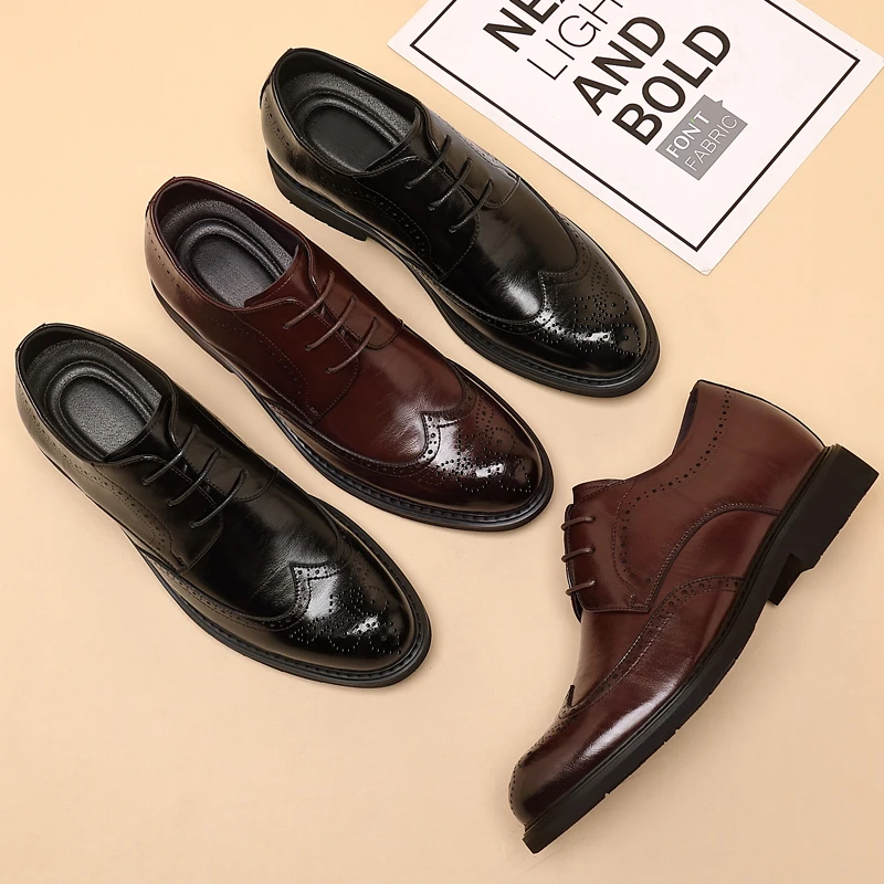 Men\'s Dress Brogues Elevator Shoes Platform Breathable Casual Business Luxury Genuine Leather Heightening Shoes 6 8CM Taller Man