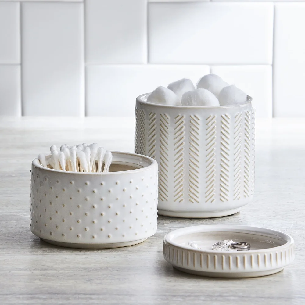 3-teiliges stapelbares Keramik-Glas-Set, handgefertigt, strukturiertes Design, Baumwollbälle, Q-Spitzen, persönliche Gegenstände, rustikale Heimdekoration