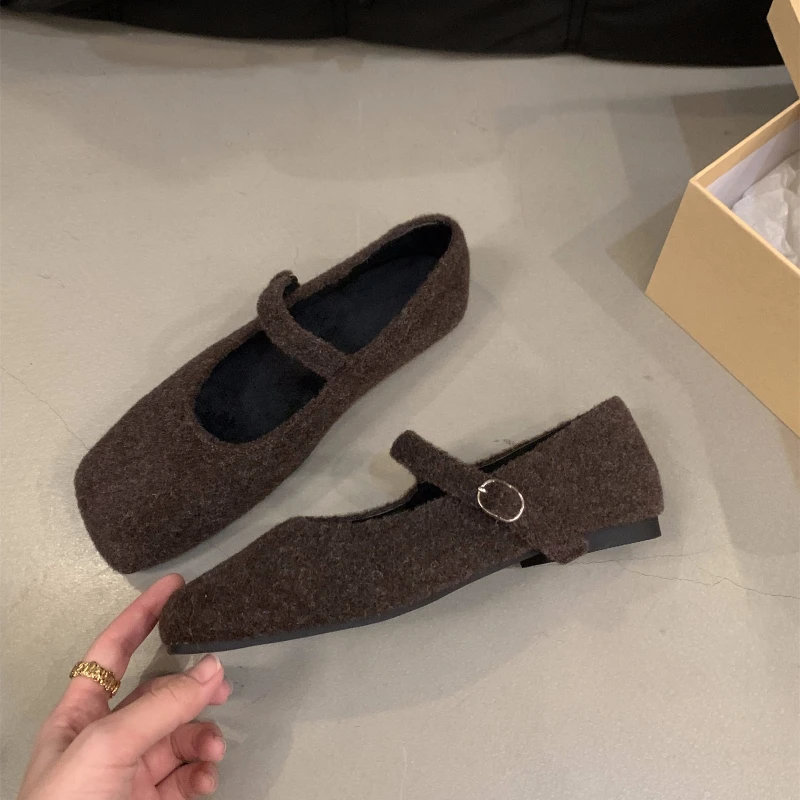 Autumn Woolen Fur Women Cotton Flats Shoes Concise Outdoor Soft Sole Shoes Ladies Comfort Square Toe Warm Mary Jane Shoes