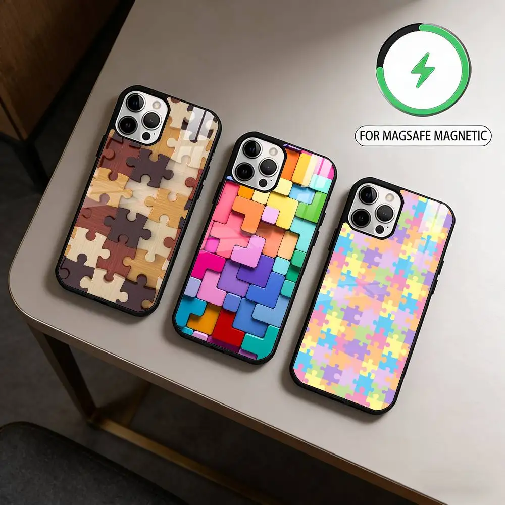 

Autism Support Puzzle Pattern Phone Case For iPhone17,16,15,14,13,12,11 Plus,Pro Max Magnetic For Magsafe Wireless Charging