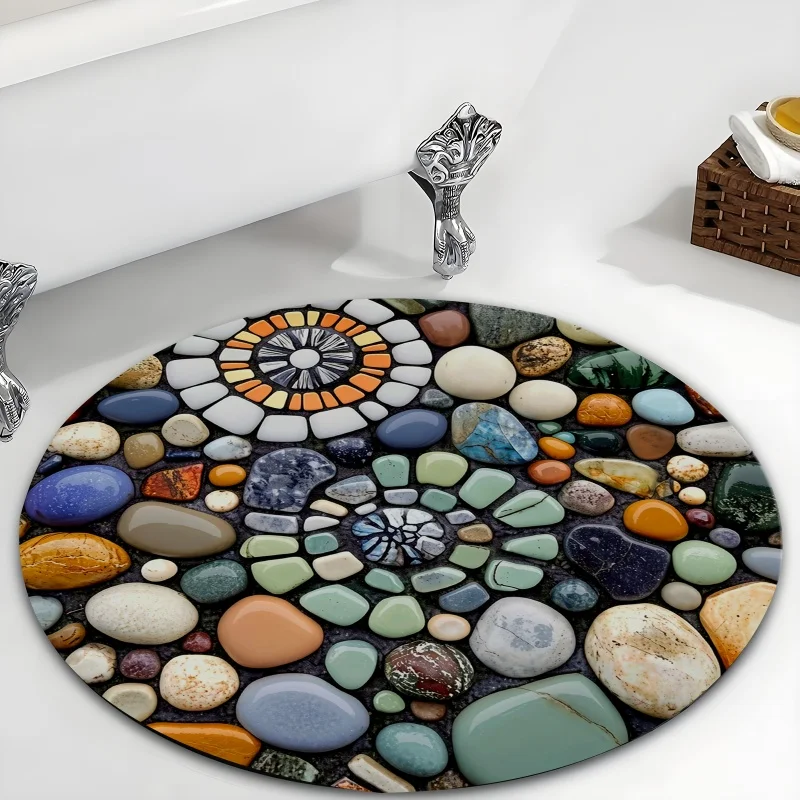 Natural River Stone Mosaic Circular Bathroom Mat Multi Color Pebble Pattern Round Shower Rug  Quick Dry Anti Slip Bath Rug