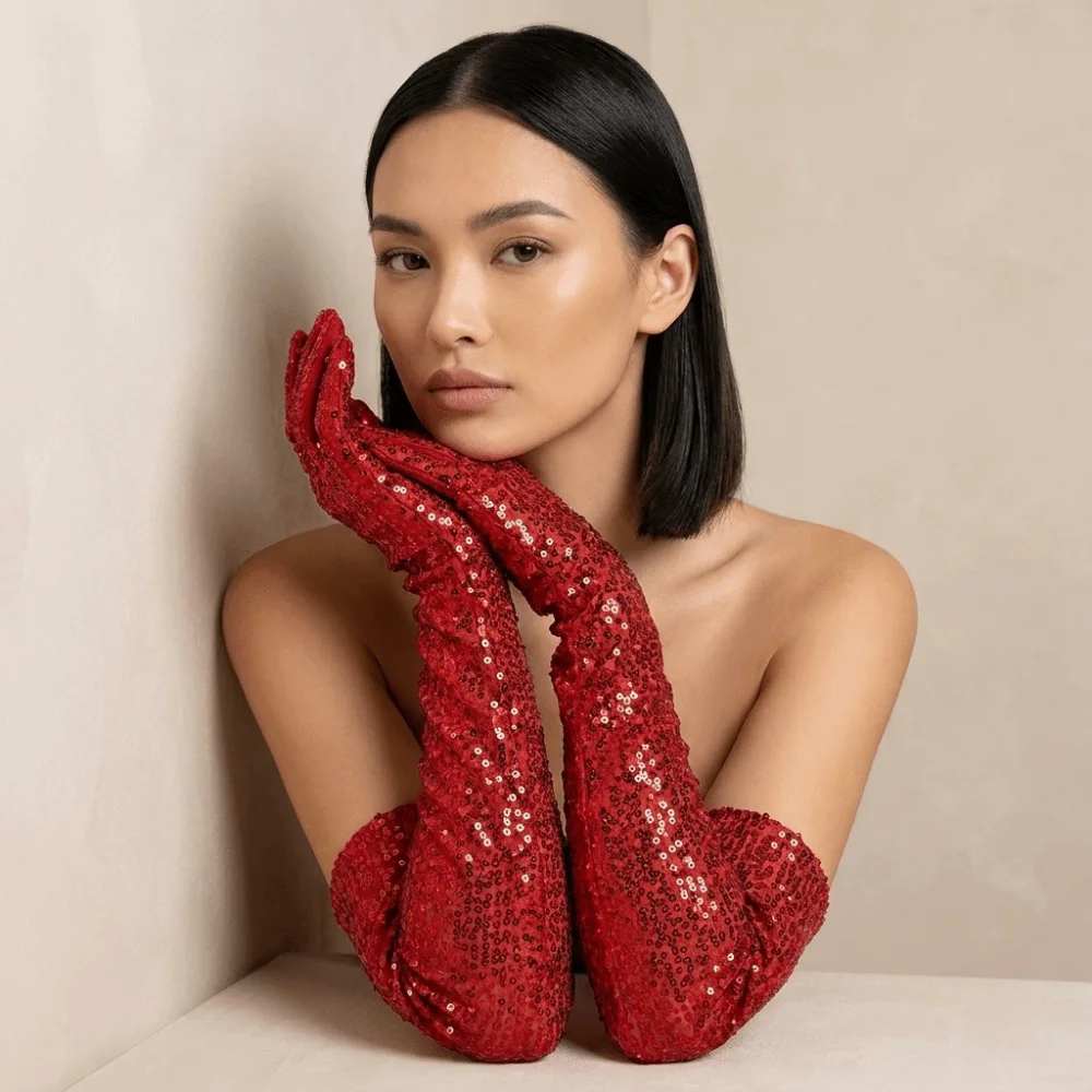 Sweet Solid Color Sequined Gloves Elastic Sparkly Glittering Gloves 60cm Long Masquerades Party Mittens Lady
