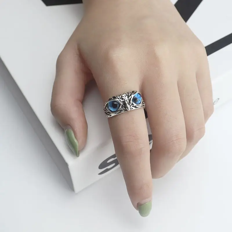 1Pcs New In Alloy Vintage Owl Blue Eyes Silver Color Ring for Men Women Cool Unisex Statement Opening Adjustable Anillo Jewelry