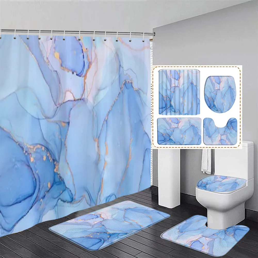 Abstract Marble Shower Curtain Set Blue Green Black Print Modern Geometric Bathroom Decor Non Slip Rug Bath Mat Toilet Lid Cover