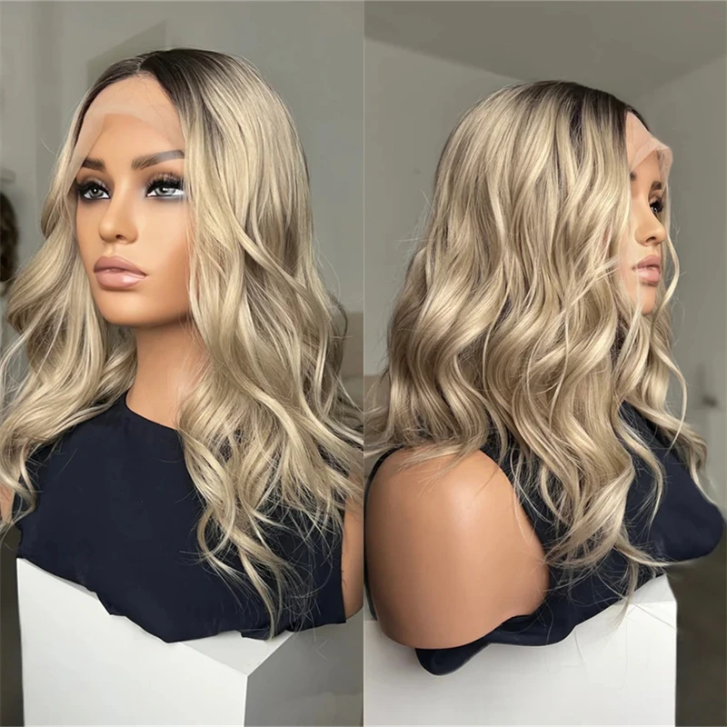 

13x4 Ombre Ash Blonde Highlights HD Lace Front Wig 16'' Fashion Wave Bob Glueless High Quality Synthetic Wig Preplucked Hairline