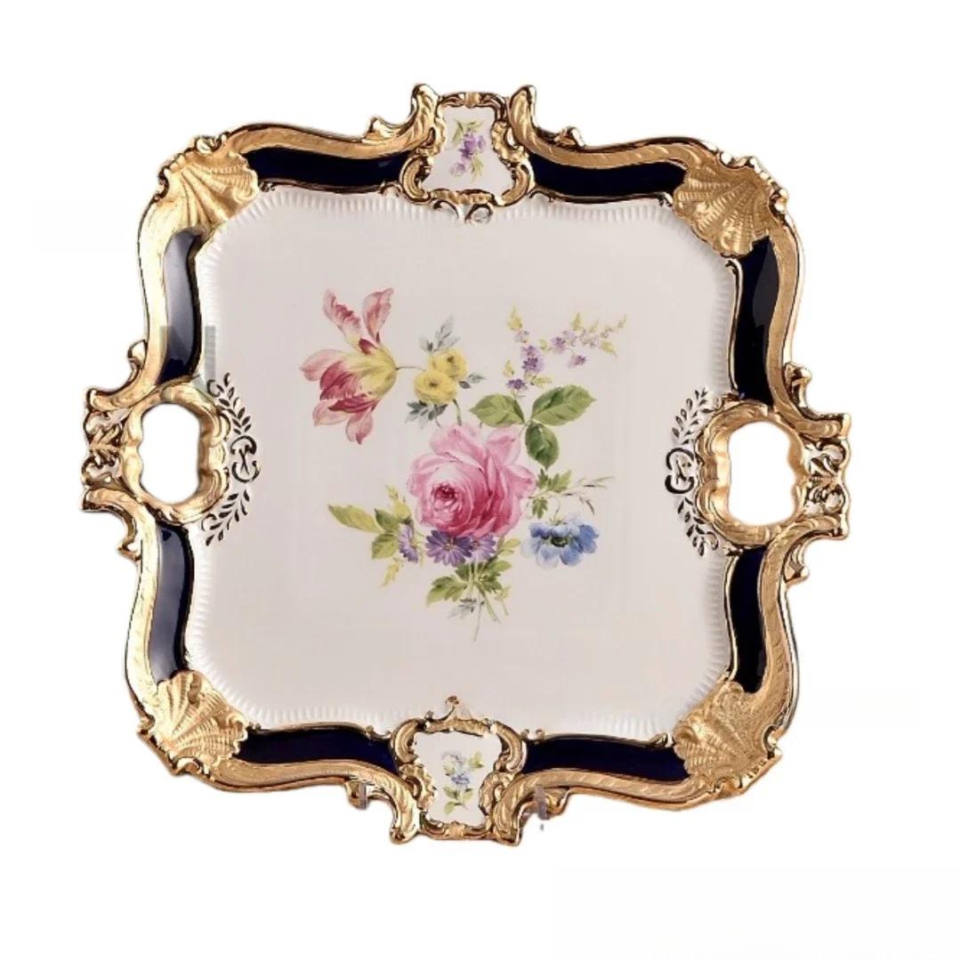 European Palace Style Square Serving Tray Luxury Porcelain Gilded Dessert Platter Heavy Craft Home Decor Display Piece