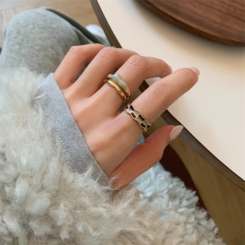 Retro Enamel Irregular Gold Color Open Rings for Women New Trendy Double Deck Checkerboard Grid Rings French Fashion Jewelry