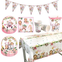 Pink Jungle Animal Disposable Tableware Paper Plate Cup Napkin Forest Safari Theme Birthday Party Decoration Kids Baby Shower
