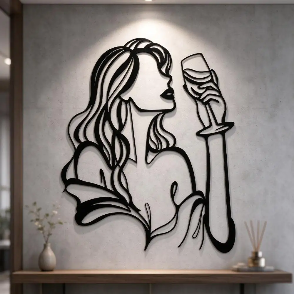 Schlanke schwarze Metall-Wandkunst „Wine Lady Line“, platzsparende abstrakte Wanddekoration, moderne Dekoration für kleine Apartments und Barwagen – Detail 6