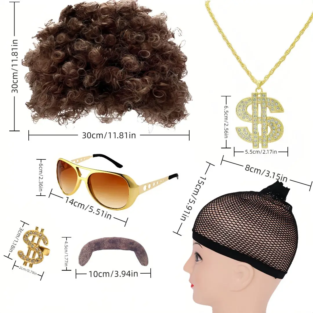 Vestido Elvis para festivais de festas disco, óculos, colares, barbas, chapéus de peruca e outros fantasias de rock hippie, dramatização de Halloween