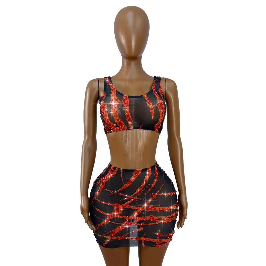 Sexy Spaghetti Strap Rhinestone Vest Top Bodycon Mini Skirts 2 Piece Sets Women Party Dress Night Club DJ singer festival outfit