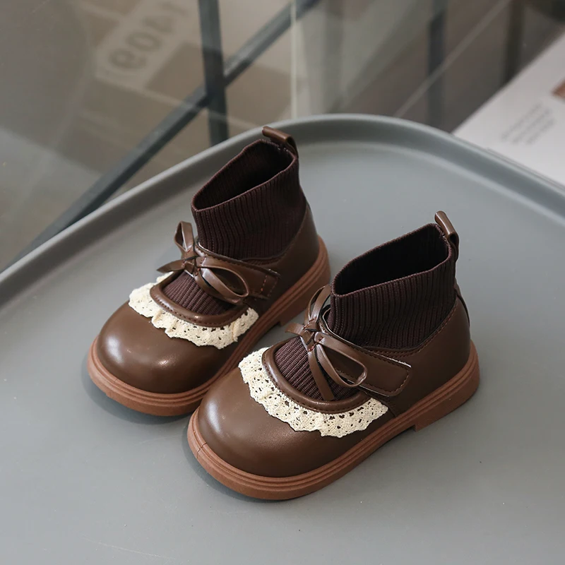 Kids Leather Shoes Sweet Bows Girls Princess Sock Shoes Round Toes 2026 New Fashion Children Casual Shoes Soft Bottom Non-slip