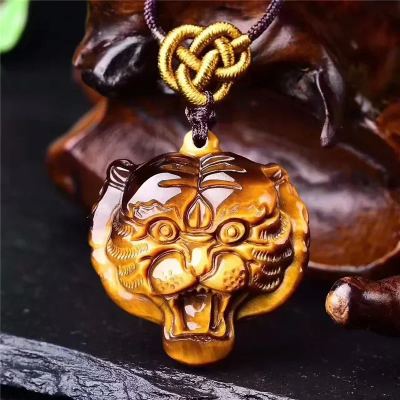 Natural Yellow Tiger Eye Stone Jade Tiger Head Pendant Necklace Fashion Charm Jewelry Amulet Luck Gifts Women Men Sweater Chain