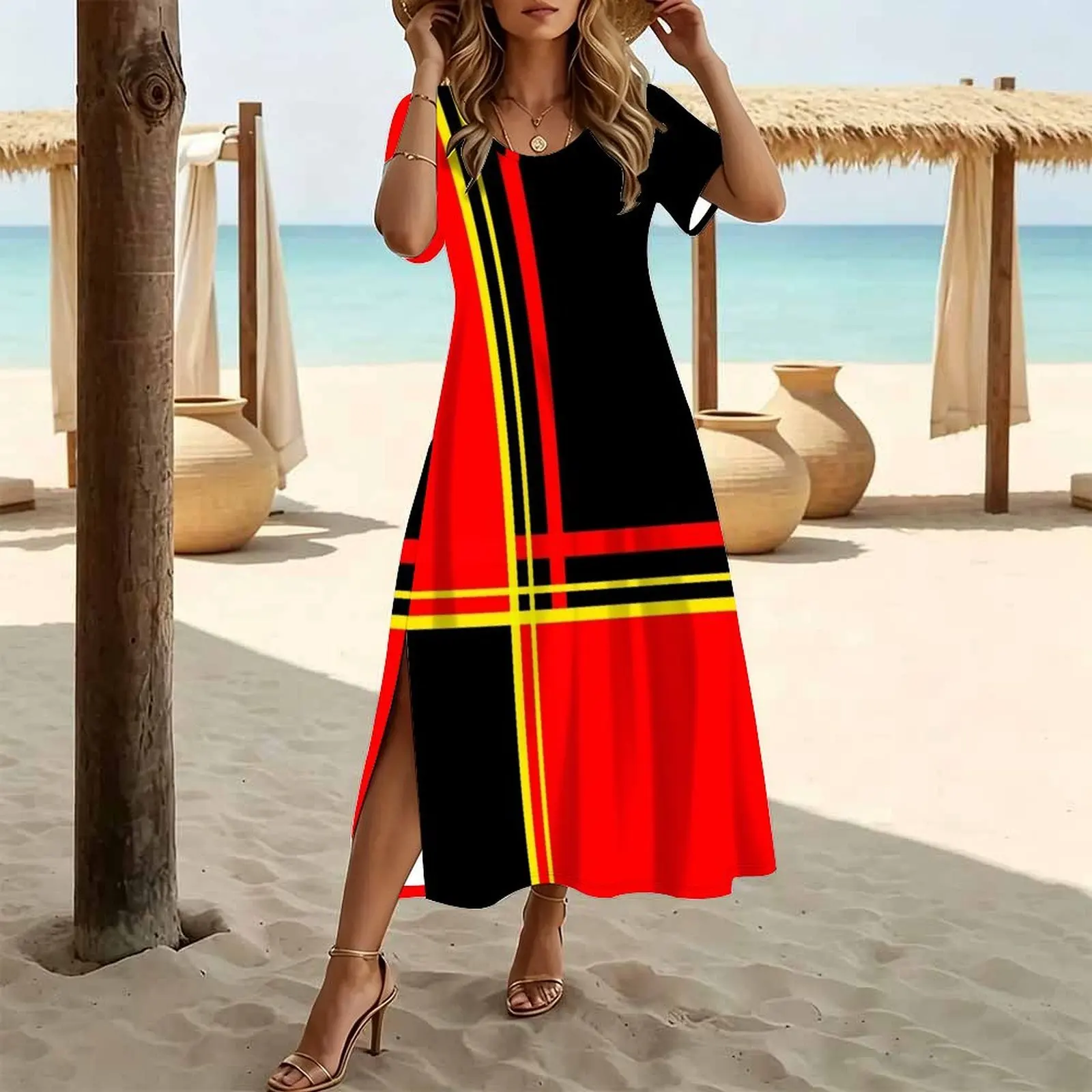 Mod 60's- Red, Black & Yellow Women's Round Neck Short Sleeve Split Long Dress