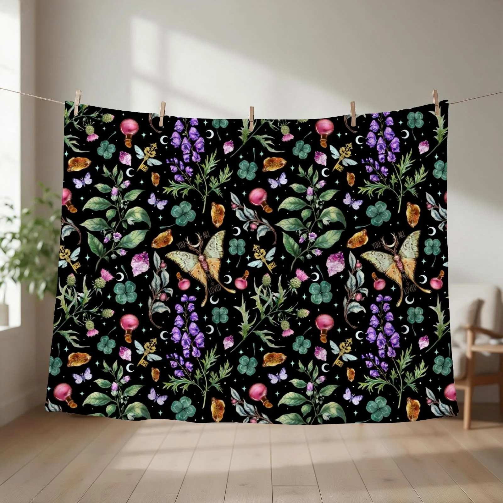 Witchy magical pattern. Nightshade, Wolfsbane. Throw Blanket couch cozy soft plush fuzzy picnic outdoor blanket
