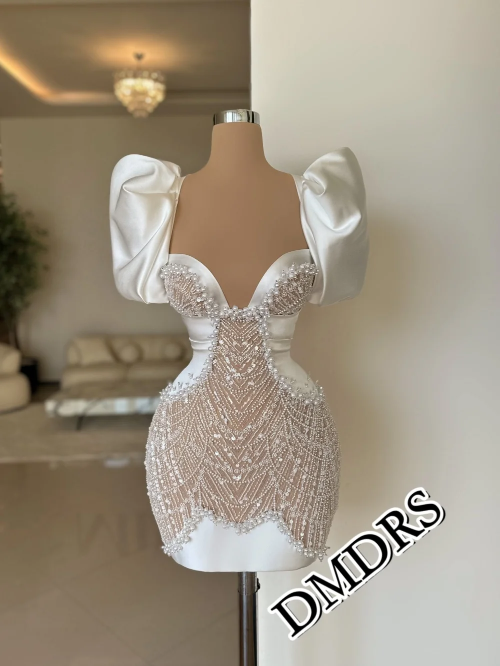 

DMDRS Romantic Satin Evening Dress Classic Beaded Party Gown Charming Pearl Crystal Knee-Length Party Dress