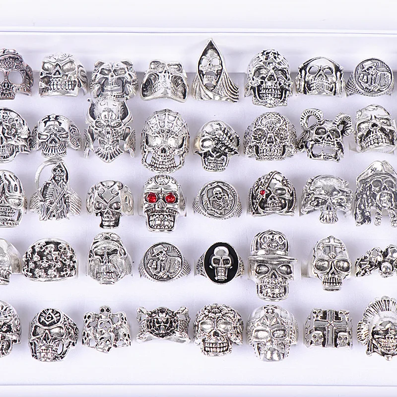 Pack of 50pcs Skull Gothic Mix Style Vintage Metal Ring Jewelry For Men Size 8 to 11