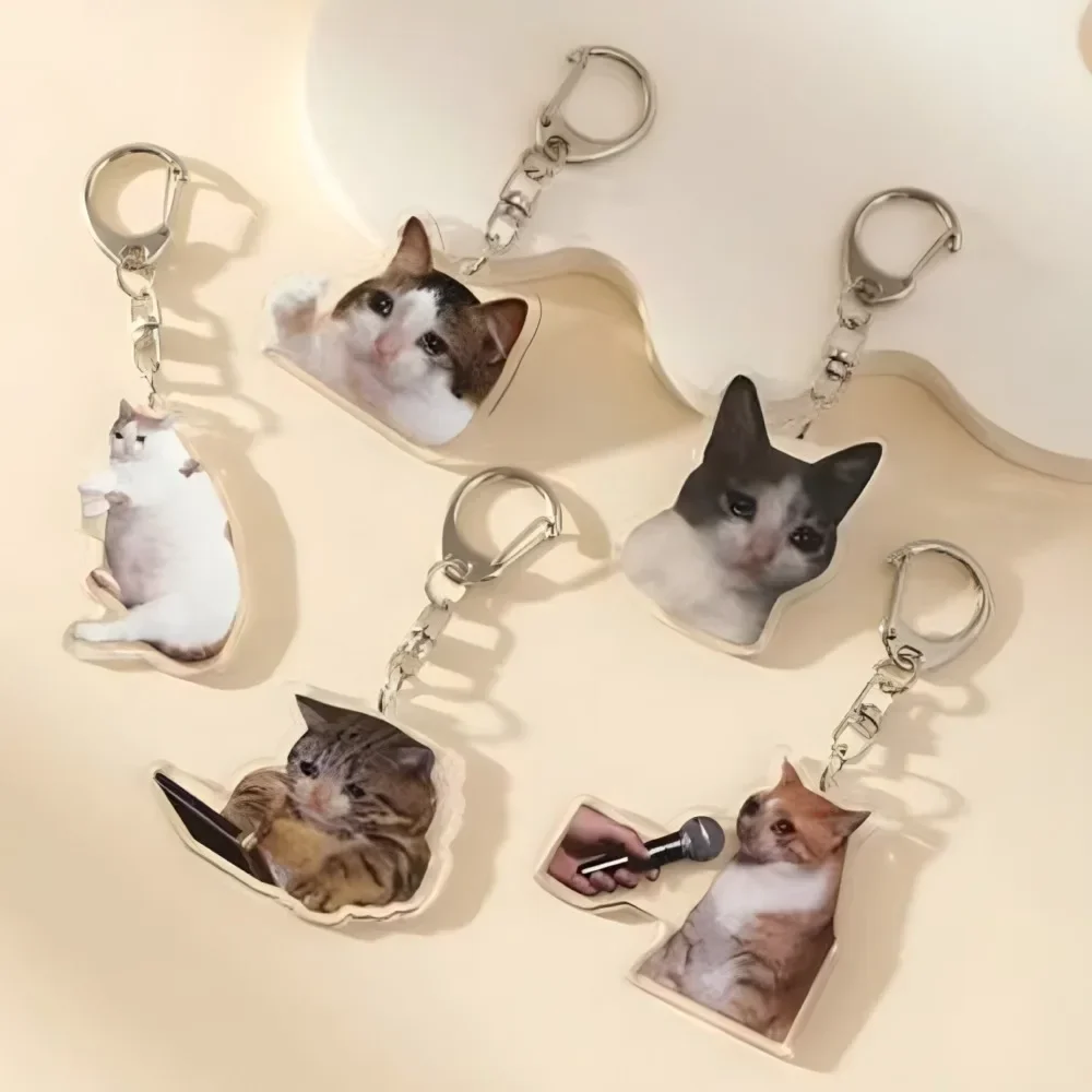 Cute Cartoon Cats Meme Crying Cat Acrylic Keychain Hanging Backpack Keyring Pendant Decorative Accessories Ornament Gifts Kids