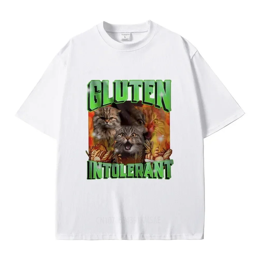 Gluten in Tolerant Cat Funny Meme Print T-shirt Male Fashion Oversized Streetwear Men Women Casual Cozy Pure Cotton Short Sleeve