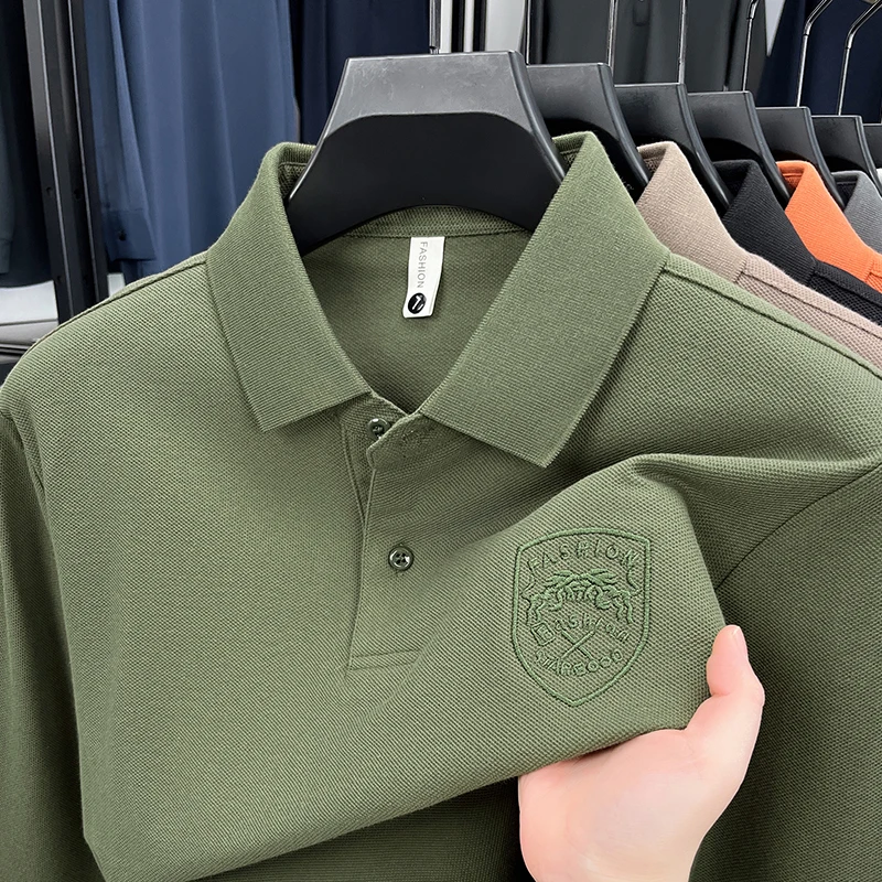 قميص بولو رجالي فاخر بأكمام طويلة وطية صدر السترة 100% قطن قابل للتنفس ومضاد للبيلينغ ملابس رجالية كلاسيكية عصرية متعددة الاستخدامات #4