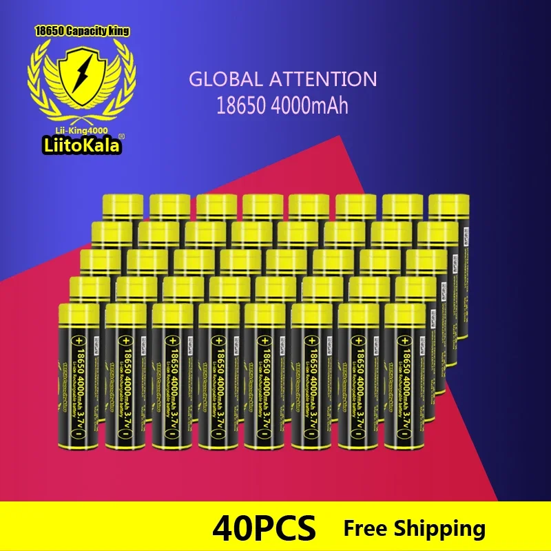 40pcs LiitoKala Lii-King4000 3.7v 18650 4000mAh Lithium Rechargeable Batteries Continuous Discharge 12A For Drone Power Tools