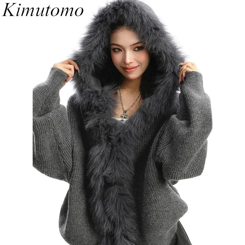

Kimutomo вязаный свитер женский пушистый лоскутный с капюшоном осень-зима модная элегантная свободная верхняя одежда пуловер винтажный джемпер