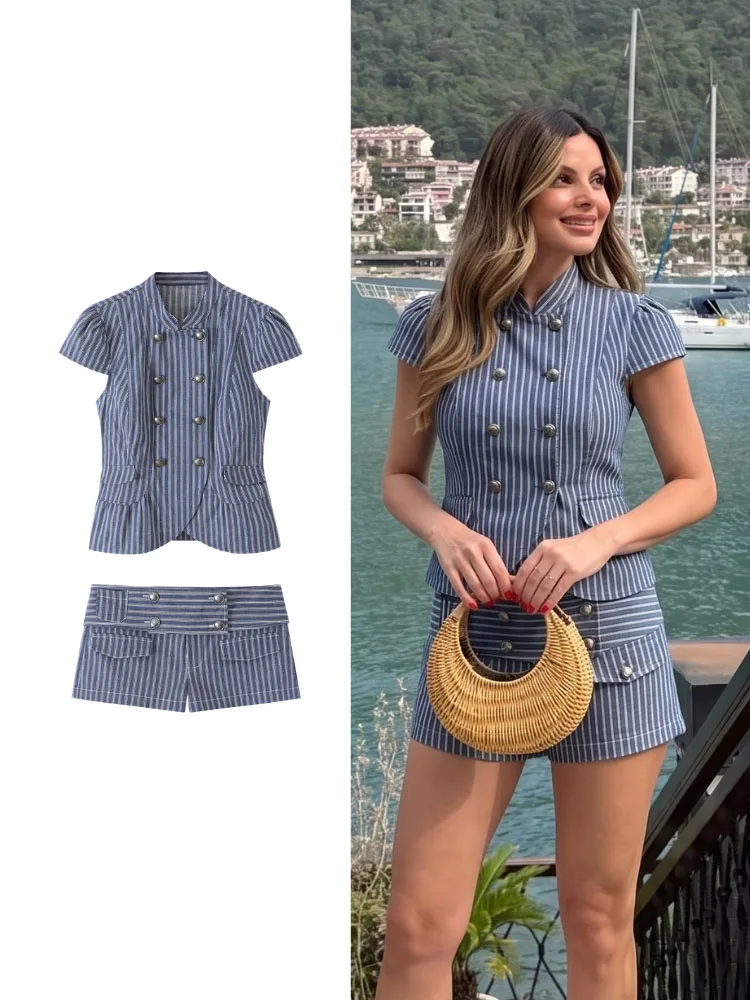 HH Women Spring Summer Casual Blue&White Striped 2 Piece Double Breasted Short Sleeve Top Shorts For Beach Vacation Holiday Wear