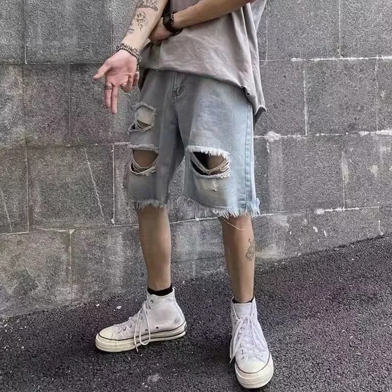 

Men Vintage Hollow Out Ripped Design Straight Jean Short Pant For Men Streetwear Trend 2025 Spring Summer Fashion Denim Shorts