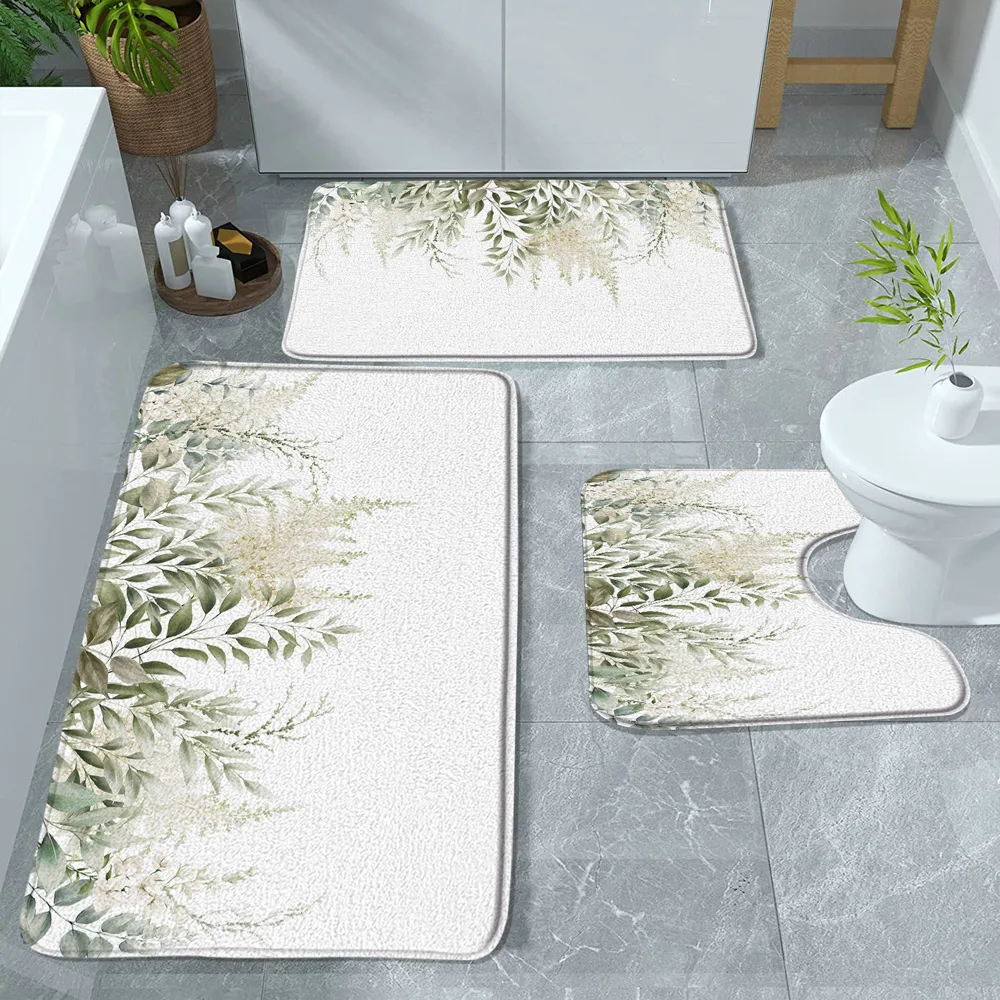 Spring Eucalyptus Leaves Bath Mat Watercolor Vine Plant Green Sage Leaf Botanical Bathroom Rugs Bathtub Flannel Carpet 3pcs/Set